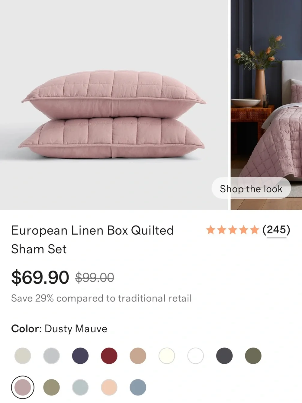 NWOT Dusty Mauve European Linen Box King Sham Set - Retail $70